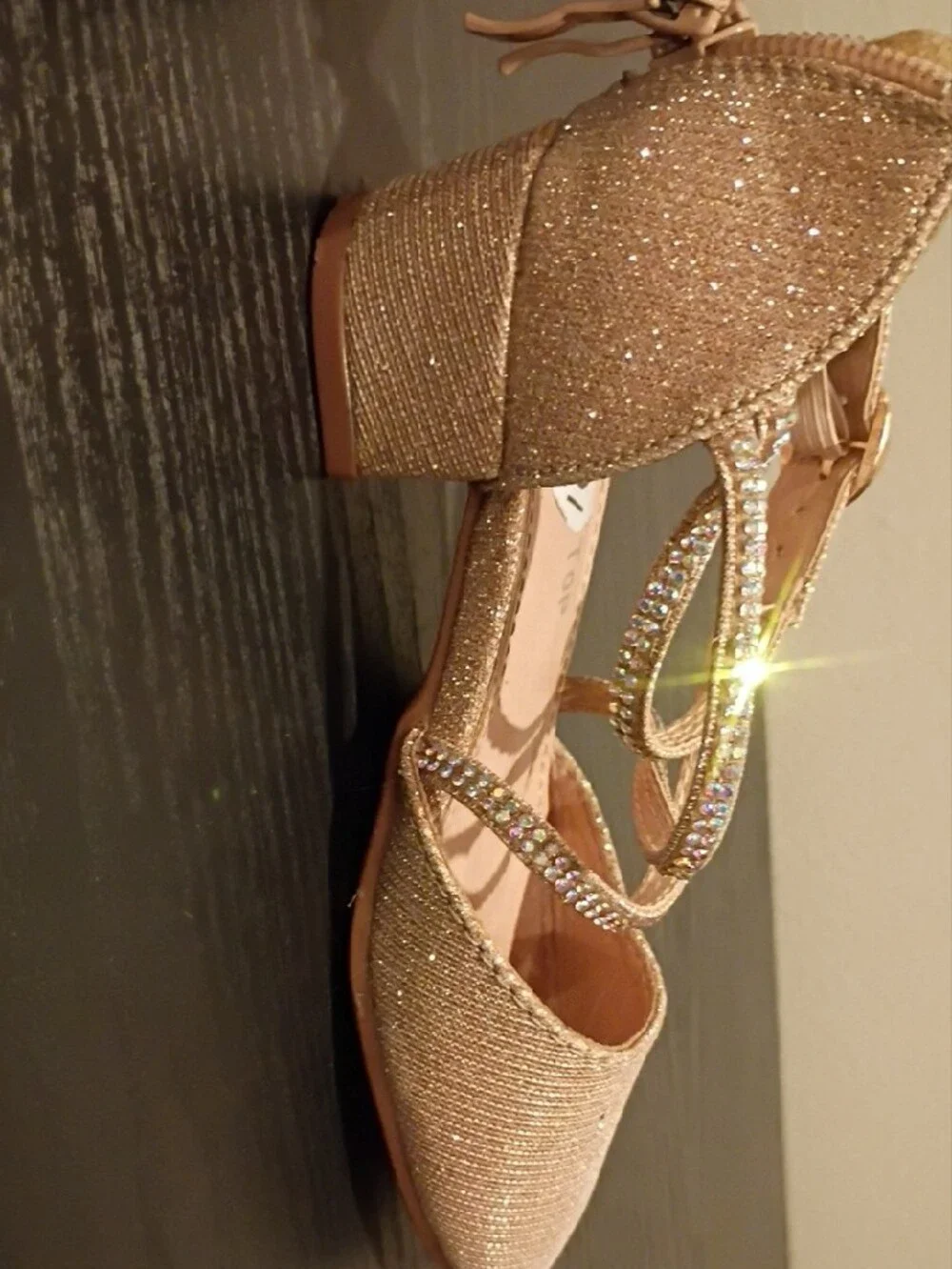 Lucky Top Girls' Gold Glitter Dress Heels with Rhinestone Straps